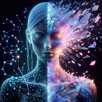 The primary subject of the image is a woman with a split personality, represented by two different faces. One face is a close-up of a woman's face, while the other face is a more abstract, artistic representation of a woman's face. The setting is a dark, space-like environment, with a background of stars and a purple hue. The visual style is a combination of digital art and illustration, creating a surreal and dreamlike atmosphere. The dominant colors are purple and blue, with a